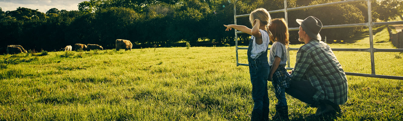 A father and two young girls standing in a cow pasture, one of the girls is pointing at cows in the distance.